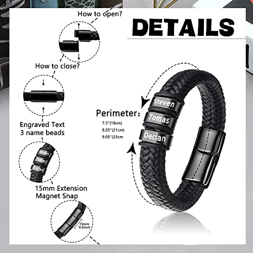 Jewenova Personalized Bracelet For Men With Name Custom Leather Bracelet For Men Engraved 2-5 Name Beads Braid Leather Bracelet Father's Day Gift #TOP1