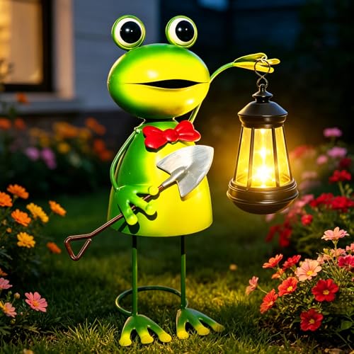 Image of VOOKRY Solar Frog Garden Statue with Lantern,Metal Frog Solar Light Outdoor | Waterproof Garden Decor Stake for Yard Patio Lawn, Garden Gifts for Mom Women Grandma, Mothers Day