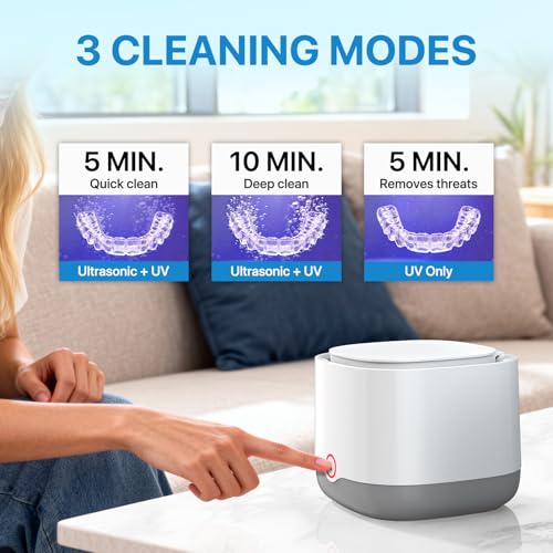 Image of Ultrasonic Retainer Cleaner Machine for Denture Mouth Guard Night Guard Aligner | 45kHz, 3 Smart Cleaning Modes, 6 Cleaning Tablets, 200ML Practical Capacity, Rechargeable, Cordless & Travel-Friendly