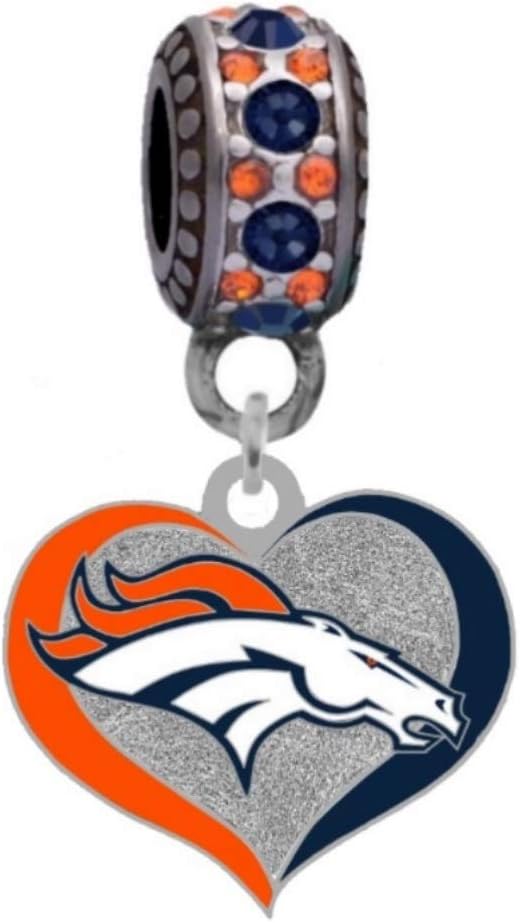 Broncos Swirl Heart Charm Compatible With Pandora Style Bracelets. Can also be worn as a necklace (Included.)