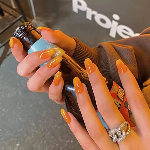 EALGA-LT115 - Uñas postizas de ataúd de color naranja quemado para mujer, uñas postizas a presión color naranja degradado amarillo degradado para