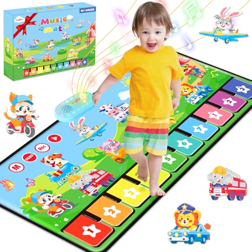 MOMUSE Alfombra Musical con 80 Sonidos, Alfombra de Piano Grande con 10 Animales y 10 Coches, Juguetes Musicales con Luz Suave, 10+ Niveles Volumen, Regalos para Niños Niñas 1 2 3 Años (110 cm*45 cm)