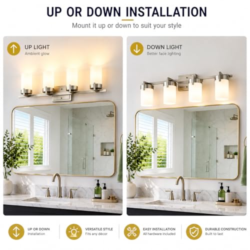 Image of 4-Light Bathroom Vanity Light, Brushed Nickel Vanity Light with Frosted Glass Shades, E26 Base Bathroom Light Fixture, Dimmable, Up or Down Wall Mount Lighting for Bathroom Mirror