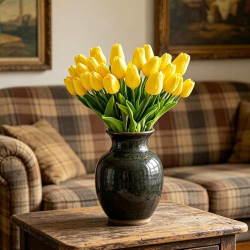 Artificial Tulips 20Pcs Real Touch PU Tulip Fake Flowers Yellow
