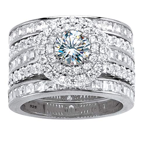 Platinum over Sterling Silver Round Cubic Zirconia Double Halo Bridal Ring Set Size 7