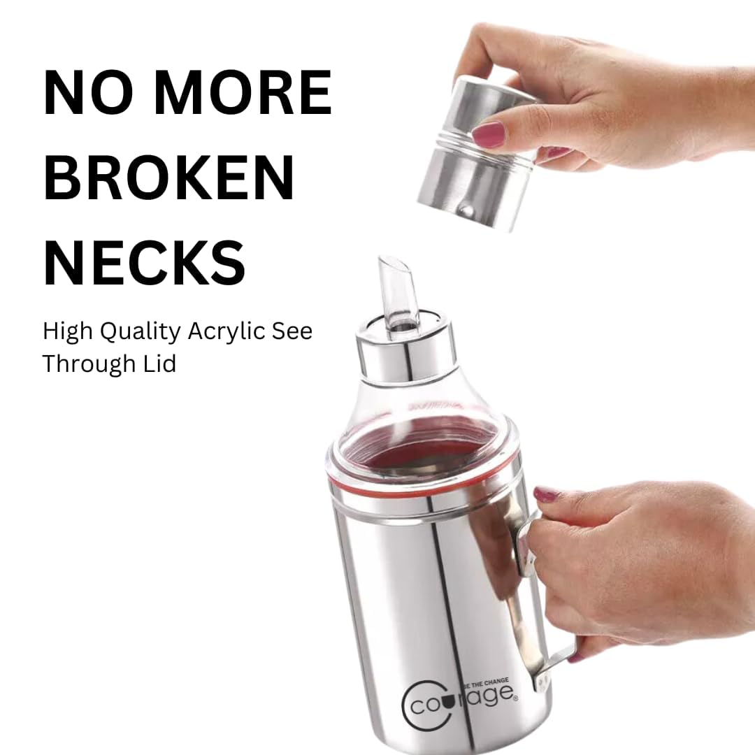COURAGE ; BE THE CHANGE Dispensador de aceite de acero inoxidable, recipiente de aceite a prueba de fugas y sin BPA para aceites de cocina y vinagre, accesorio de cocina duradero para verter y