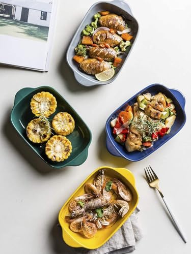Image of Ceramic baking dish - Casserole Baking Dish with Handle, Baking Dishes for Oven, 9'' x 5'' Individual Baking Pan, Color Painted Porcelain Bakeware Set| Pack- 2(Yellow)