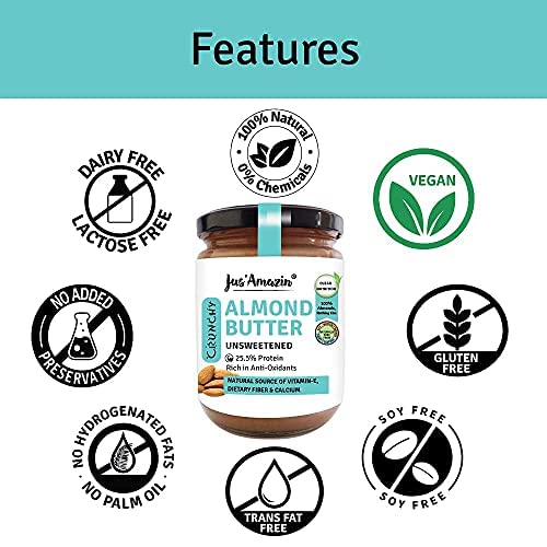 Image of Jus' Amazin Crunchy Almond Butter - Unsweetened (500 Gram) Pack Of 2|25% Protein|Only Whole Almonds (100% Pure)|Zero Additives|100% Natural|Dairy Free|Keto|Plant Based Nutrition|Clean Nutrition