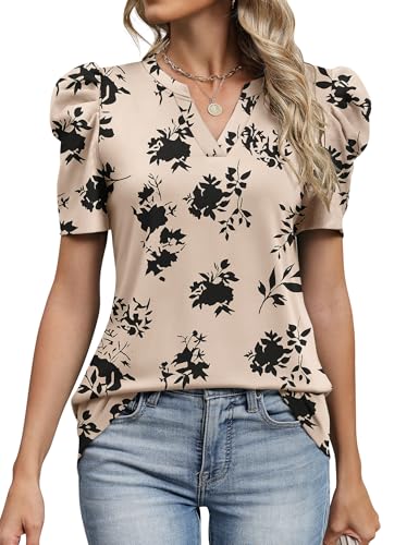 Image of LOMON Spring Summer Tops for Women 2026 V Neck Puff Short Sleeve Tops Fashion Trendy Work Blouses Dressy Casual S-XXL