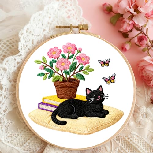 Image of BEUNITONE 4 Set Embroidery Kit for Beginners, Daily Life of Cats Patterns Cross Stitch Kits, Needlepoint Kits for Adults with Hoop, Cute Hand Embroidery Patterns for Cloth and Home Decor