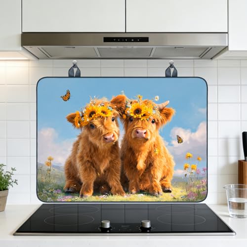 Image of Nuxovilar Highland Cow Stove Cover Diatom Mud 28.65x20.47 In | Glass Protector Countertop Mat Counter Saver Cooktop Cover Farmhouse Cottage RV Room (Highland Cow Wreath)