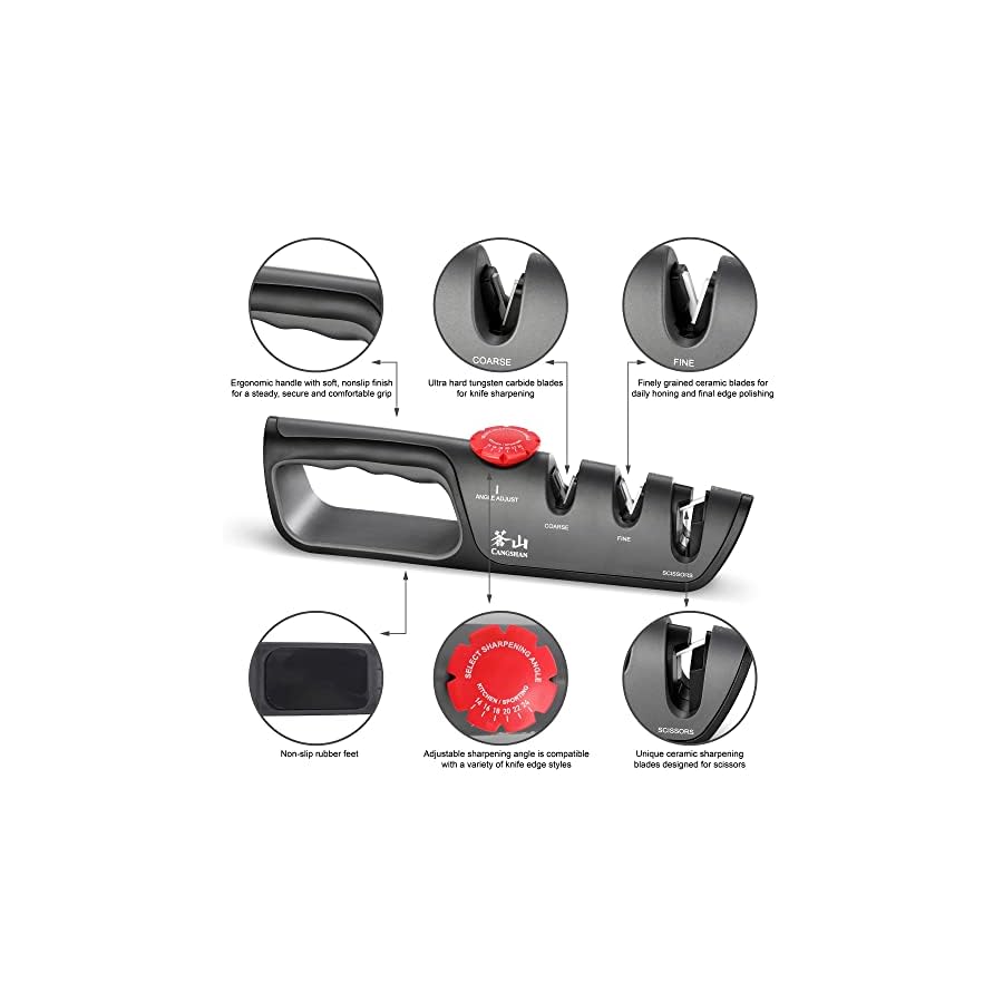 Cangshan 1026108 3-Stage Adjustable 14-24 Degree Professional Knife + Scissor Sharpener Black