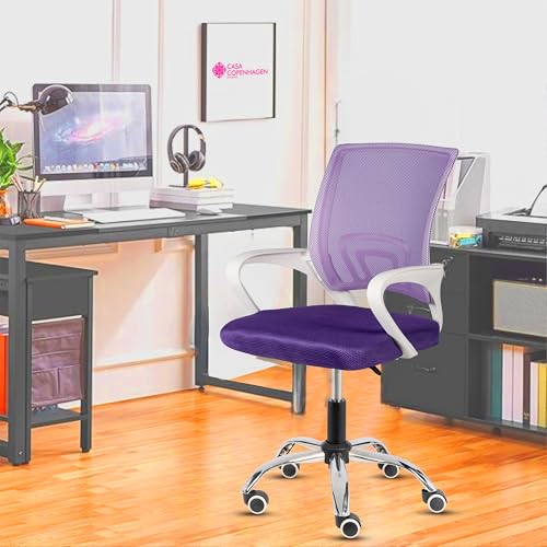 Image of Casa Copenhagen Mesh Mid Back Office /Study /Computer /Revolving /Desk Chair for Work from Home -Metal Base, Height Adjustable Seat- Purple & White Handle