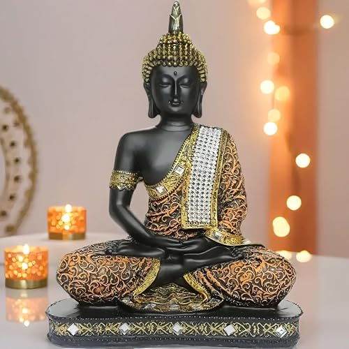 Global Grabbers Sitting Buddha Idol Statue Showpiece Orange and Black