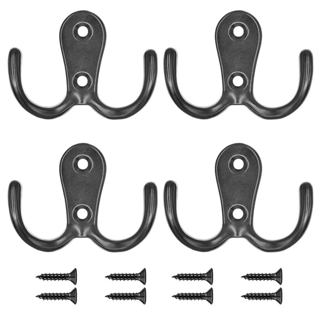 Licqic 4 Pcs Black Double Prong Robe Hooks, Dual Coat Door Hooks, Double Hook For Hanging Robe, Towel, Coat, Bag, Hat (Black, 4 Pcs)