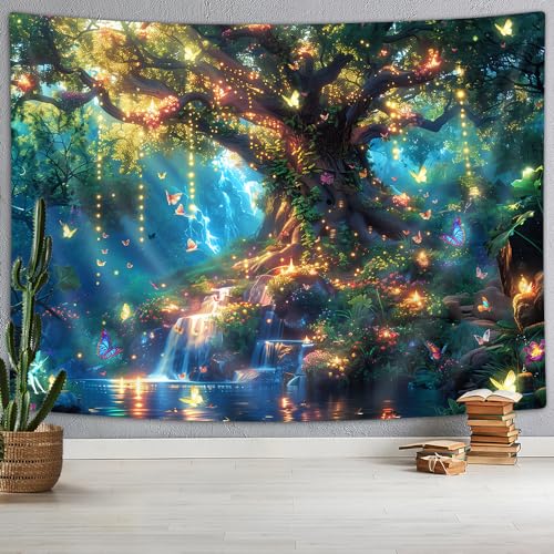 Xguatan Fantasy Forest Tree Butterfly Wall Hanging, Fairy Magical Enchanted Jungle Waterfall Mushroom Tapestry for Bedroom Living Room, 40x30 Blue