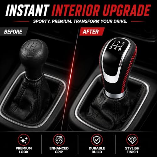 Image of Medirich Lifesciences SUKICHI Premium Manual Car Gear Knob | Universal Gear Shift Knob | Anti Slip Leather Finish Gear Lever | Sport Interior Upgrade Accessory | (Red Stitch, Black)