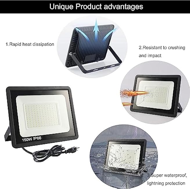 4Pack-150W LED Flood Light Outdoor,15500LM LED Work Light with US Plug,6000K Daylight White,IP67 Waterproof Outdoor Floodlights for Yard,Garden,Playground