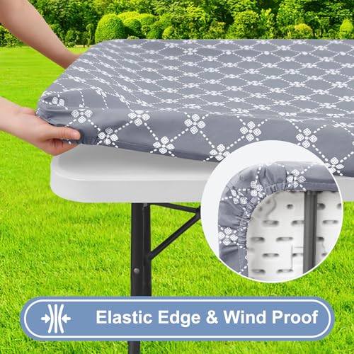 misaya Rectangle Vinyl Table Cloth, Elastic Fitted Flannel Backed Tablecloth, 100% Waterproof Plastic Table Cover Fits 6 Foot Folding Tables for Picnic, Camping, Outdoor (Grey, 30\" x 72\") - Thumbnail 2