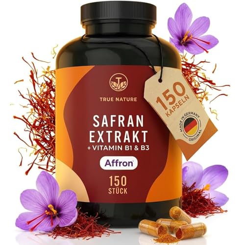 Safran Kapseln – 150 Kapseln (30 mg Affron® pro Tag) – Safranextrakt 3:1 - 3,5% Lepticrosalide - Vitamin B1 & B3 tragen zur normalen psychischen Funktion bei - Ohne Zusätze - TRUE NATURE®