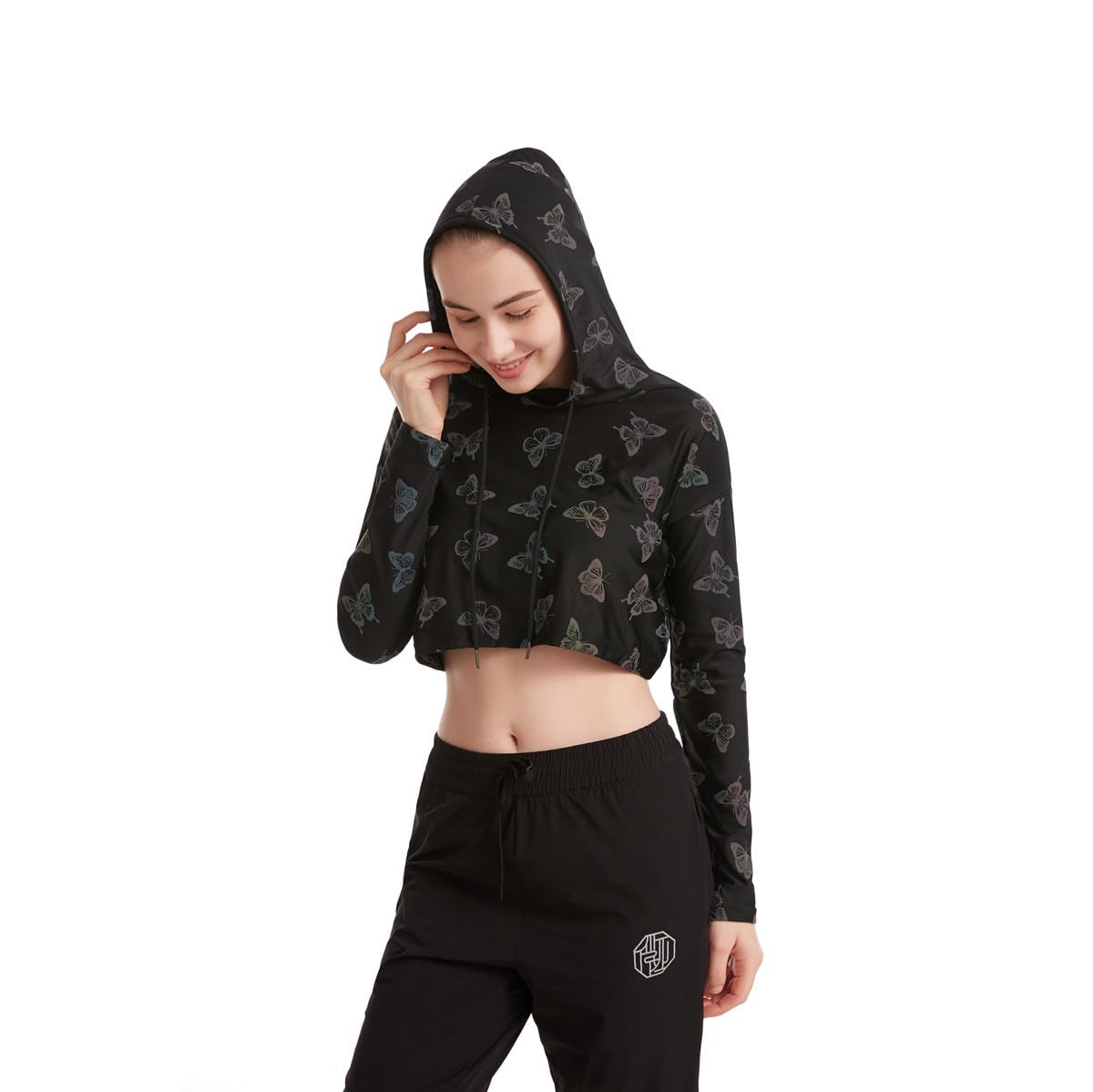BaronHong Colorido Reflectante Sudaderas Mujeres Harajuku Sexy Cropped Hoodie Noche Reflectante Sudaderas Ropa de calle
