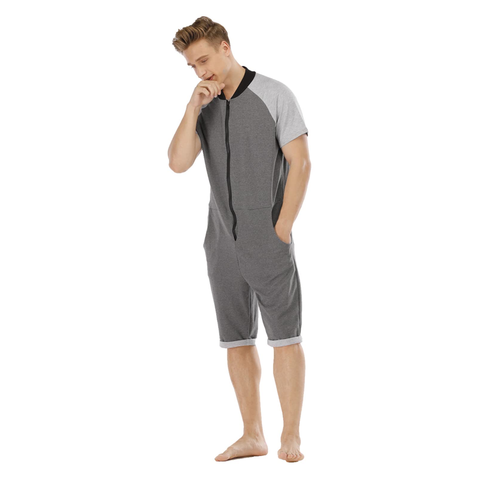 Pijama Corto Hombre Verano Una Pieza Pijamas Mono Entero con Capucha Manga Cortas Verano Jumpsuit Adulto Onesie Ropa de Casa Dormir