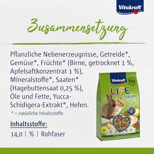 Vitakraft Life Dream, Zwergkaninchen Futter, mit Birne, mit Apfel, mit Hagebutte, unterstützt Verdauung und Zahnabrieb, ohne Zusatz von Zucker (1x 1,8kg)