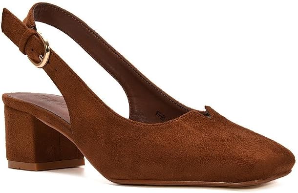 ESSEX GLAM Women's Slingback Court Shoes Ladies Square Toe Low Mid Block Heel Evening Classic Pumps Size 3-8