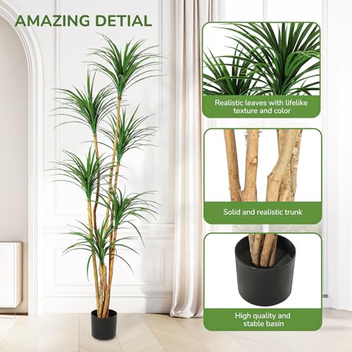 6 Ft Artificial Dracaena Tree, Realistic Fake Dracaena Plant, Tall Dracaena Houseplant for Indoor Décor, Adjustable Lifelike Faux Tree, Ideal for Photo Backdrops, Nursery, Living Room, Office