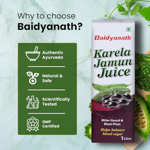Image of BAIDYANATH AYURVED Karela Jamun Juice 1 L | Natural Remedy For Blood Sugar Management | Helps in Reducing the Bad Cholesterol Levels & Improves overall Health and Wellness (Pack of 3)
