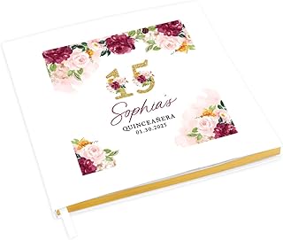Andaz Press Personalized QuinceaÃ±era Guest Book with Gold Accents, Burgundy Blush Florals 120 Pages 8.5