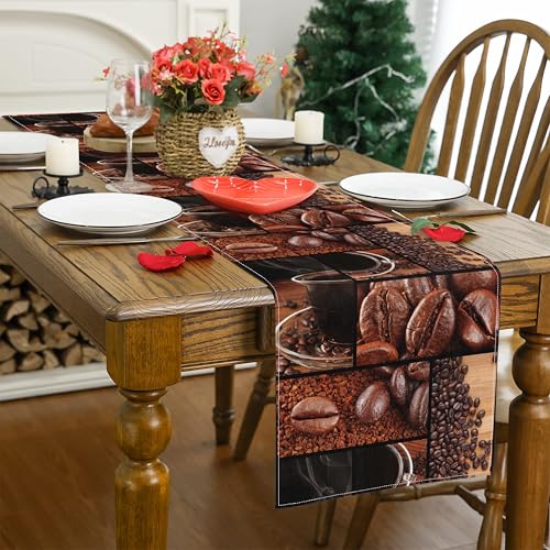 Image of Coffee Print Table Runner Rectangle Modern Art Coffee Cup Coffee Bean Abstract Heart Non-Slip Print for Dining Room Kitchen Living Room Party 13x36 inch