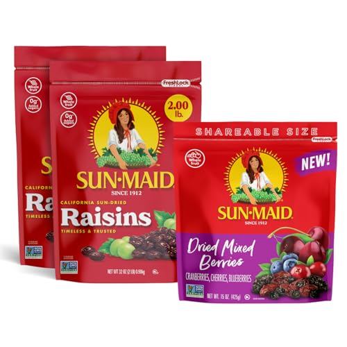 Image of Sun-Maid Bundle California Sun-Dried Raisins (2 Pack) 32 oz Resealable Bag + Dried Mixed Berries (Cranberries, Cherries, Blueberries) 15 oz Resealable Bag