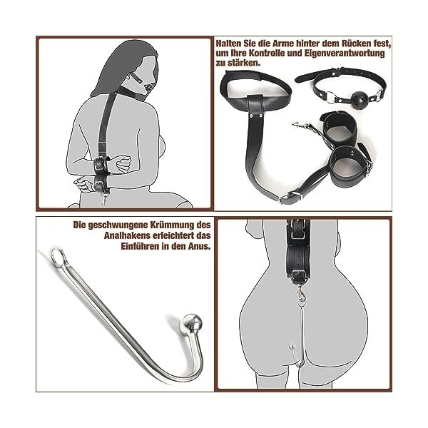 BDSM Sex Bondage Fessel Set Analhaken mit Ballknebel, 2 in 1 Leder Bondageset Anal hook Fesselset Vom Hals bis zum Handgelenk, Rollenspiel Buttplug Fetisch Analtrainer, SM Sexspielzeug für Paare – Bild 4
