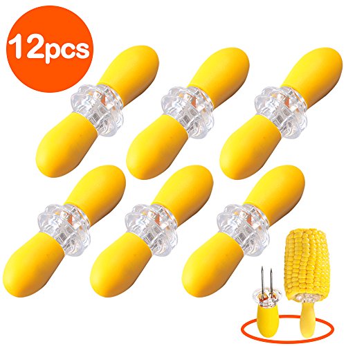 Jazzka Corn Holders 12 Pieces Cob Skewers Forks Prongs Grips Interlocking Stainless Steel BBQ Grill Food Kebab Fruit Party Yellow