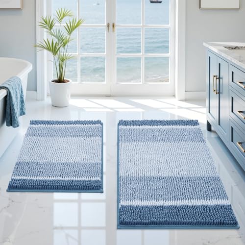 HOMEIDEAS Blue Bathroom Rugs Set, 2 Piece Thick Absorbent Fluffy Striped Chenille Bath Rugs, Non Slip, Soft Shaggy Bath Mats for Blue Bathroom Decor, 20" x 32" Plus 17" x 24"