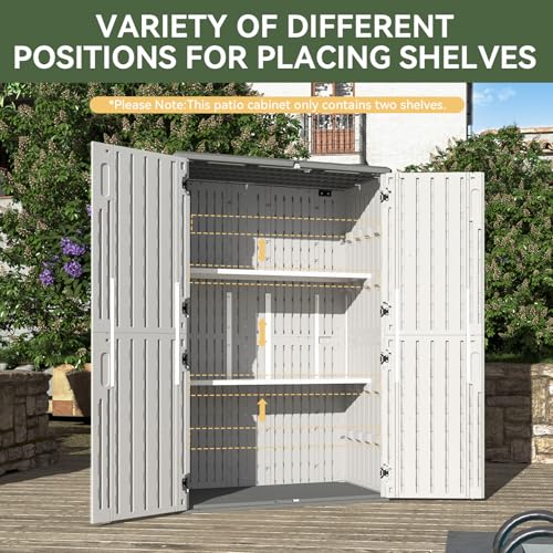 Image of Aoxun White Resin Outdoor Storage Shed with 2 Shelves & Floor, 64 Cu.Ft Vertical Waterproof Cabinet for Garage, Pool, Bike, Garden Tools, Patio Furniture