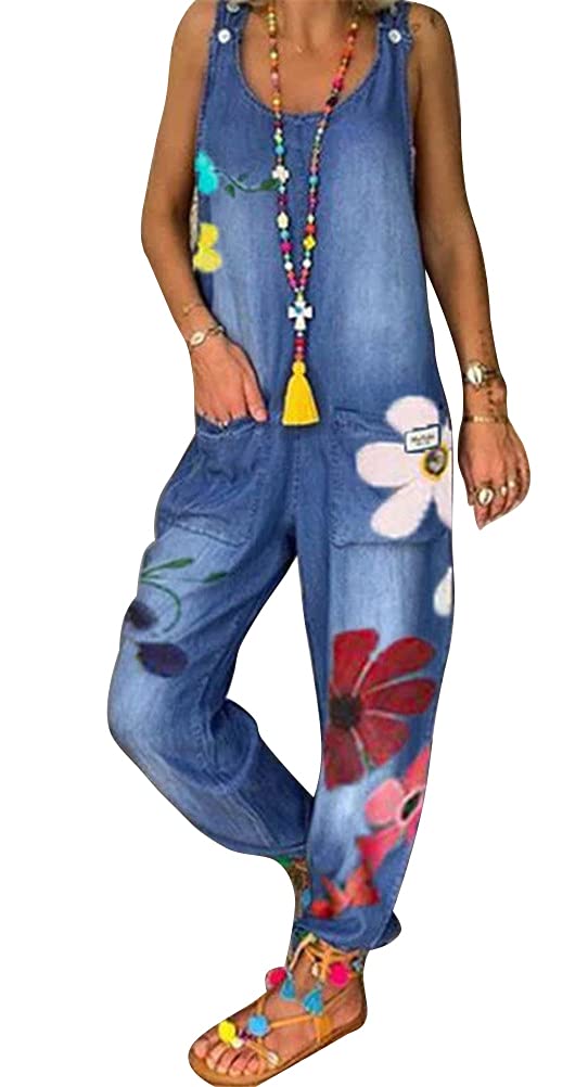 ORANDESIGNE Salopette Larghe da Donna Senza Maniche Boho Tuta Bretelle Pantaloni Estivi a Fiori retrò Salopette in Denim Pantaloni Lunghi a Gamba Larga Pantaloni con Bretelle