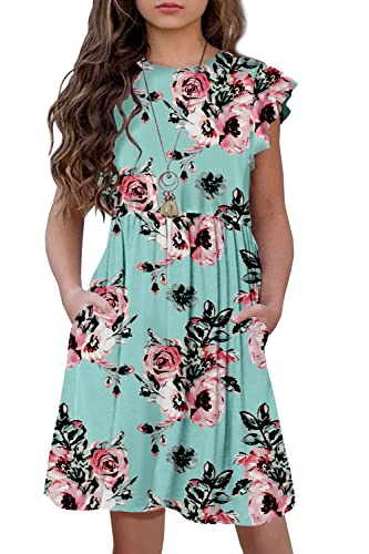 HOSIKA Girls Floral Dress Boho Ruffle Sleeve Pleated Casual Swing Dresses with Pockets for Kids 6-12 Years
