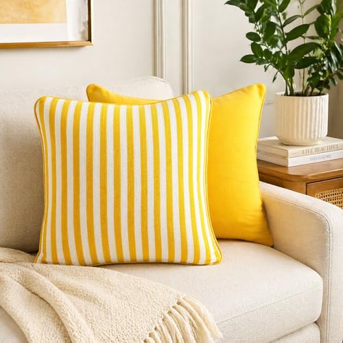 Image of Reversible 24x24 Inch Reversible Pack of 2 Yellow Stripe Cotton Woven Throw Pillow Covers for Couch Sofa Bed Home Decoration Restaurant | 60 x 60 cm