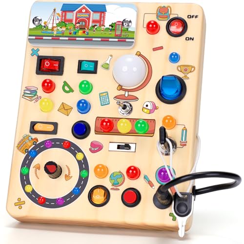 Image of Busy Board with LED Light Switches, Montessori Toys for 1 2 3 Years Old, Toddlers Wooden Toy Sensory Activity Board, Travel Toys for 1+ Year Old Boy & Girl Birthday Gift (School)