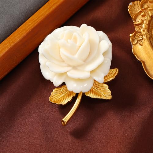 Image of White Rose Flower Brooch Pin for Women Girls Fashion Gold Leaf Resin Blossom Floral Brooches Lapel Corsage Pins Dainty Dress Accessories Wedding Holiday Anniversary Jewelry Gift