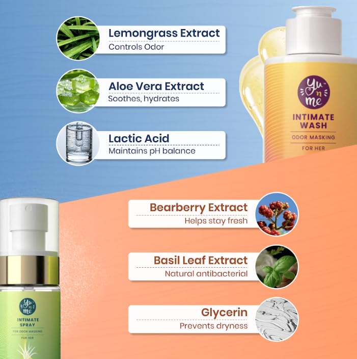 Image of Yu n Me Anti-Odor Intimate Care Combo for Women | Odor Masking Spray 60ml + Intimate Hygiene Wash 200ml | Lemongrass, Aloe & Bearberry Extracts | pH Balanced Freshness & Odor Protection | Pack of 1