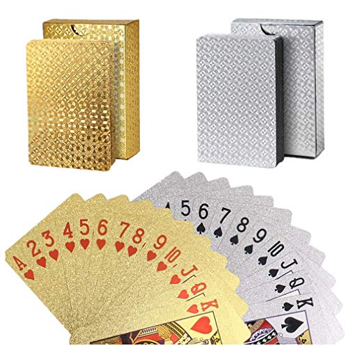 RichDeer Tarjetas Dos Juegos de Cartas de póquer de diseño a Prueba de Agua de Lujo 100% de plástico con índice de Gigante - Cartas de Juego para Profesionales Texas Hold'em Poker + 1 Gold 1 Plata