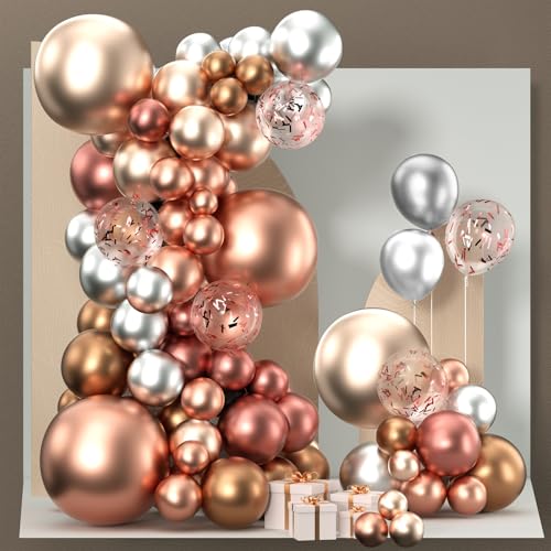 Image of PartyWoo Rose Gold Shades Balloon Garland Kit, 140 pcs Shades of Rose Gold Balloons Different Sizes Pack of 18 Inch 12 Inch 10 Inch 5 Inch for Balloon Garland, Birthday Decorations, Party Decorations