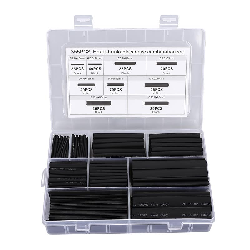 355 Piezas Funda Termoretractil para Cables Impermeables, Tubo Termoretractil de Doble Pared 3:1 Recubierto con Adhesivo, de Tubos Termorretráctiles de Varias Medidas en Color Negro