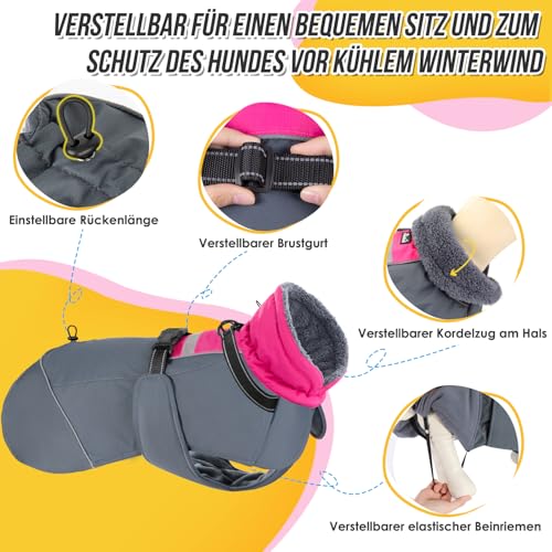 Eyein Hundemantel Winter für Große Hunde, Wasserdicht Hundejacke mit warmem Fleecefutter und Halsband, Winddichter Wintermantel Hund mit Bauchschutz und Verstellbarem Brustriemen, Rosa, XXL