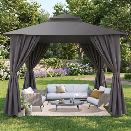 Image of COBIZI 10x10 FT Outdoor Gazebo, Soft Top Patio Gazebo with Ventilated Double-Tier Roof, Heavy-Duty Metal Frame Canopy with Removable Privacy Curtains for Backyard, Garden, Lawn, Gray