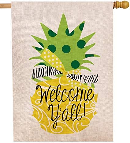 Dyrenson Decorative Double Sided Pineapple Large House Flag Burlap Yellow Welcome Yall Quote, House Yard Flag, Garden Yard Decorations, Home Seasonal Outdoor Flag 28 x 40 Spring Summer