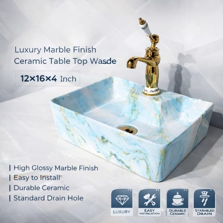 Image of Ceramic Tabletop Wash Basin - Glossy Rectangular Countertop Vessel Sink with Marble Finish for Bathroom & Vanity | Compact 16 x 13 x 5 Inch | Elegant Washbasin